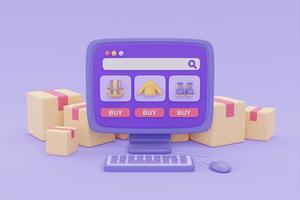 Online shopping store and delivery on computer with parcel boxes on purple background, digital marketing promotion, 3d rendering. photo