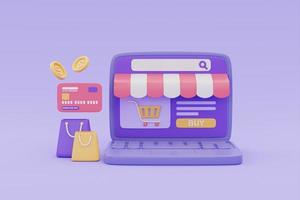 Online shopping store on laptop with shopping bags and credit card, cash back or bonus coin concept, 3d rendering. photo