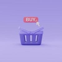Cesta de la compra 3d con botón de clic en comprar sobre fondo morado, concepto de compra en línea, representación 3d. foto