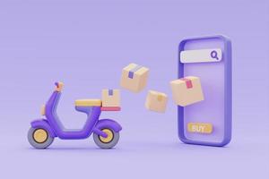 servicio de entrega en línea en smartphone, scooter de entrega con cajas de paquetes sobre fondo morado, renderizado 3d. foto