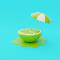 Slice of lemon with beach umbrella isolate on blue background, summer fruits, 3d rendering. photo