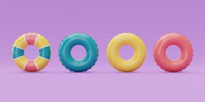 set of colorful summer inflatable ring on purple background, Summer time concept, 3d rendering. photo