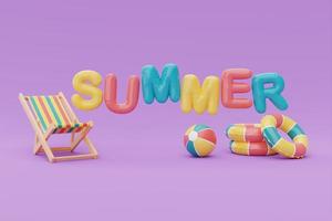 Summer time concept with beach chair and colorful summer beach elements on purple background, 3d rendering. photo