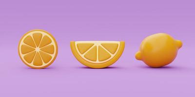 Slice of orange isolate on purple background, summer fruits, 3d rendering. photo