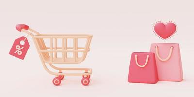 Render 3d de carrito de compras rosa con bolsa de compras y flotador de ciervos sobre fondo pastel, concepto de venta del día de san valentín, estilo minimalista. foto