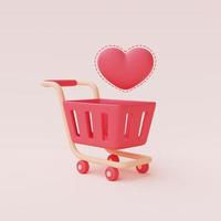 Render 3d de carrito de compras rosa con flotador de hart aislado sobre fondo pastel, concepto de venta del día de san valentín, estilo minimalista. foto