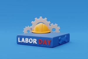 Happy labor day usa concept, podium display with construction tools and balloon on blue background, 3d rendering photo