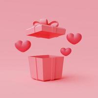 Representación 3d de cajas de regalo rosas abiertas con corazón rojo aislado en fondo pastel, concepto de venta del día de San Valentín, estilo minimalista. foto