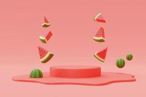 3d rendering of watermelon isolated with podium display on red background,summer vacation concept,summer elements,minimal style.3d render. photo