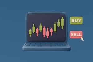 red and green candlestick trade chart on computer laptop screen with words SELL and BUY,Stock market,Forex,online trading concept,minimal style,3d rendering. photo