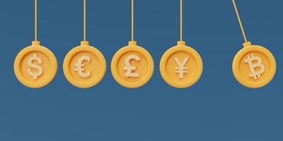 monedas colgantes con símbolo de moneda, bitcoin, dólar, euro, libra y yen, representación 3d. foto