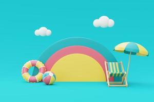 Representación 3d del concepto de vacaciones de verano, pantalla de podio colorida con elementos de verano, nubes y arco iris, estilo minimalista. Representación 3d. foto