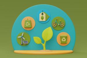 Seedling around by solar panels,wind turbine,recycle bin,bicycle,ecology icons,World environment day,Alternative source of electricity,clean energy,3d rendering. photo