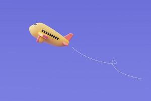 Render 3d de avión amarillo aislado sobre fondo púrpura, turismo y concepto de viaje, vacaciones de vacaciones. estilo minimalista. foto