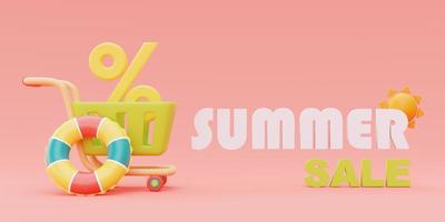 summer sale with colorful summer beach elements and shopping cart,3d rendering. photo