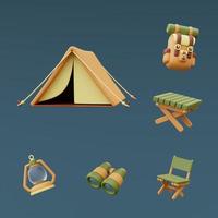 conjunto de equipos de campamento con carpa turística, mochila, linterna, mesa de madera, binoculares aislados sobre fondo azul, concepto de vacaciones. estilo minimalista. Representación 3d. foto