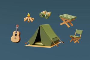conjunto de equipos de campamento con carpa turística, mochila, linterna, mesa de madera, binoculares aislados sobre fondo azul, concepto de vacaciones. estilo minimalista. Representación 3d. foto