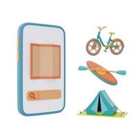 mapa en pantalla smartphone con kayak, tienda de campaña y bicicleta, concepto de campamento de verano, representación 3d. foto