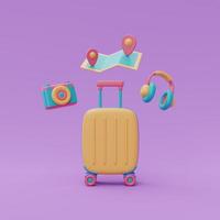 Tourism and travel plan to trip with suitcase,camera,headphone and map,holiday vacation,3d rendering photo