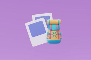 concepto de tiempo para viajar con mochila y marco de fotos, turismo y plan de viaje para viajar, viaje, representación 3d foto