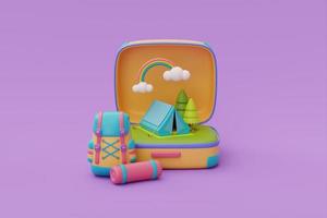 Opened yellow suitcase with backpack and camping element.Tourism and travel plan to trip,Time to travel,summer camp, holiday vacation,3d rendering photo