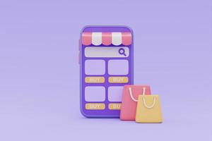 tienda de compras en línea en el teléfono inteligente con bolsas de compras sobre fondo púrpura, renderizado 3d. foto