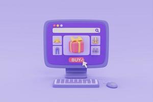 tienda de compras en línea en computadora con cajas de regalo sobre fondo morado, promoción de marketing digital, renderizado 3d. foto