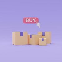 Cajas de paquetes de compras 3d con botón de clic en comprar sobre fondo púrpura, concepto de compras en línea, renderizado 3d. foto
