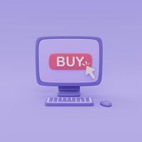 3d computer with click Buy button on purple background, Online shopping concept, 3d rendering. photo