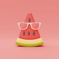 rebanada de sandía con gafas de sol aisladas sobre fondo rojo, frutas de verano, renderizado 3d. foto