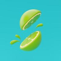 Slice of lemon floating isolate on blue background, summer fruits, 3d rendering. photo