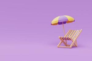 concepto de horario de verano con silla de playa y sombrilla de playa sobre fondo morado, representación 3d. foto