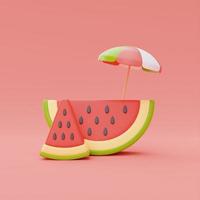 Slice of watermelon with beach umbrella isolate on orange background, summer fruits, 3d rendering. photo