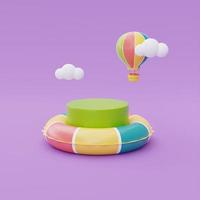 Colorful inflatable ring and display with colorful hot air ballon floating on purple background, Summer time concept, 3d rendering. photo