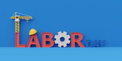 Happy labor day usa concept with construction tools and equipment on blue background, 3d rendering photo