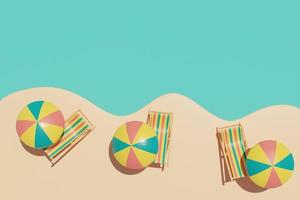 concepto de horario de verano con silla de playa, sombrilla y coloridos elementos de playa de verano, representación 3d. foto