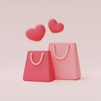 Render 3d de bolsa de compras rosa con flotador de hart aislado sobre fondo pastel, concepto de venta del día de san valentín, estilo minimalista. foto