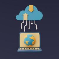 Cloud storage technology concept with blue cloud symbol and earth globe on computer,online database,transfer data information,minimal style.3d rendering. photo