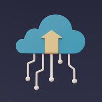 Representación 3d del símbolo de la nube azul con línea de flecha aislada en el fondo oscuro, tecnología de almacenamiento en la nube, información de datos de transferencia, estilo minimalista. foto