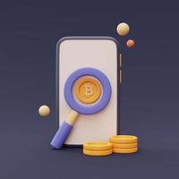 Bitcoin mining concept with magnify glass,Bitcoin coin and smartphone,Cryptocurrency,blockchain technology services,minimal style.3d rendering. photo