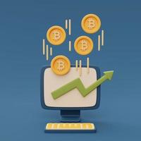 bitcoin rate increase statistic on computer desktop screen with green arrow and gold coin ,Cryptocurrency,online trading data concept,minimal style,3d rendering. photo