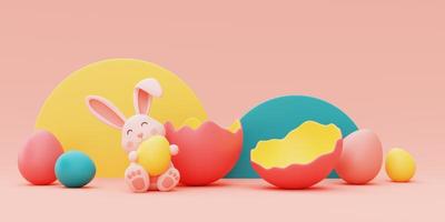 conejito de pascua con coloridos huevos de pascua, feliz concepto de vacaciones de pascua. estilo minimalista, representación 3d. foto