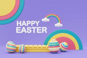 feliz fondo colorido de pascua con huevos de pascua y podio, celebración internacional de primavera, estilo minimalista, representación 3d. foto