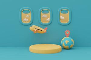 3d render of airplane window scene with empty podium stage surrounded by traveler accessories for showing or presentation,minimal style. photo