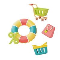 venta de verano con colorido anillo inflable y carrito de compras, cesta, bolsa aislada sobre fondo blanco, representación 3d. foto