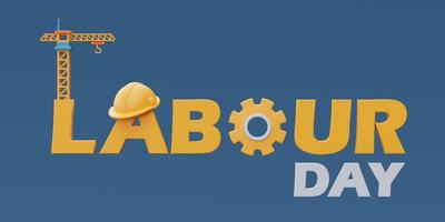 Happy labour day with yellow tower crane on blue background,Construction tools and equipment.3d rendering photo