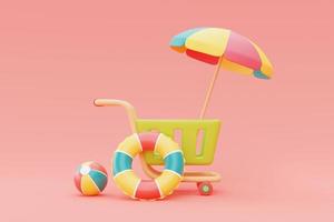 summer sale with colorful summer beach elements and shopping cart,3d rendering. photo