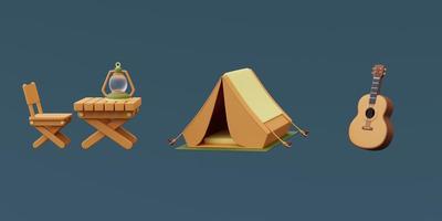 conjunto de equipo de campamento con carpa, mesa de madera, linterna y guitarra aislado sobre fondo azul, concepto de vacaciones de vacaciones. estilo minimalista. Representación 3d. foto