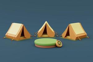 camping con podio de producto vacío rodeado de tiendas de campaña sobre fondo azul, concepto de vacaciones de vacaciones. estilo minimalista. Representación 3d. foto