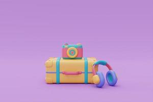 colorful suitcase with camera and headphone,Tourism and travel plan to trip concept,holiday vacation,summer time,3d rendering photo